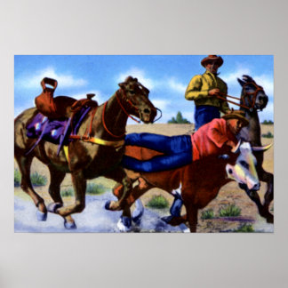 West Texas Bull Dogging Hereford Steer Poster