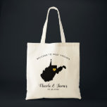 West Virginia Map Wedding Welcome Bag Black, Gold Tote Bag<br><div class="desc">Het weekend van de bruiloft heet cadeautas voor gasten uit de stad voor je bruiloft,  met afbeelding van West Virginia,  met gouden hart.  Vul tas met je favoriete godies.</div>