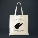 West Virginia Map Wedding Welcome Bag Black, Gold Tote Bag<br><div class="desc">Het weekend van de bruiloft heet cadeautas voor gasten uit de stad voor je bruiloft,  met afbeelding van West Virginia,  met gouden hart.  Vul tas met je favoriete godies.</div>