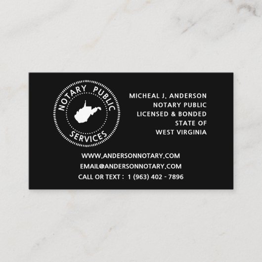 West Virginia Notary Public Services Visitekaartje (Voorkant)