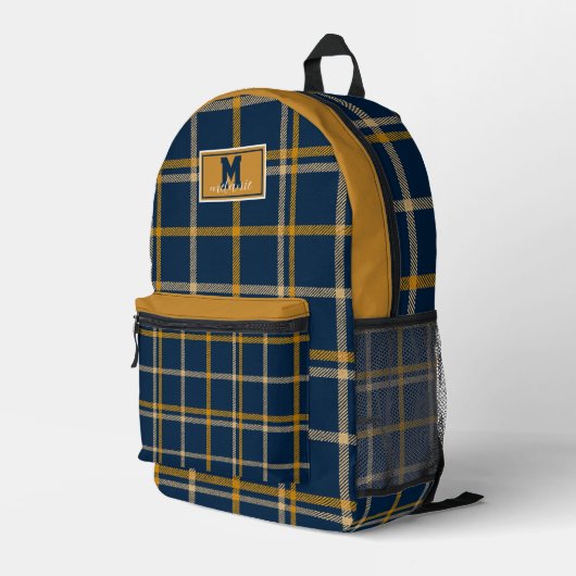 West Virginia plaid tartan navy gold checkered Bedrukte Rugzak (Achterkant Hoek Rechts)
