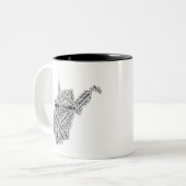 West Virginia State Word Cloud Tweekleurige Koffiemok (Voorkant links)