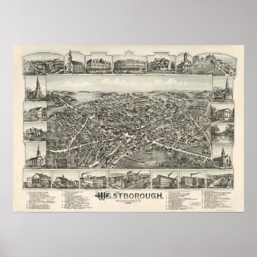 Westborough Mass. 1888 Antiek panoramische kaart Poster (Voorkant)