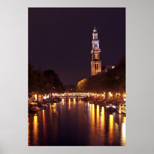 Westerkerk bij nacht in Amsterdam Poster