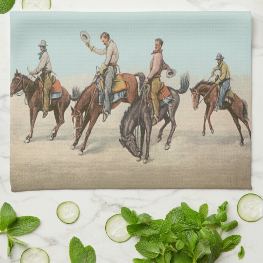  Western 4 cowboys op Bucking Horses Theedoek (Gevouwen)