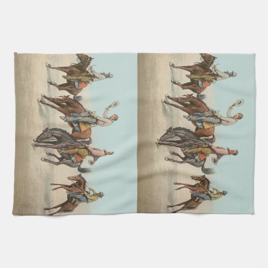  Western 4 cowboys op Bucking Horses Theedoek (Horizontaal)