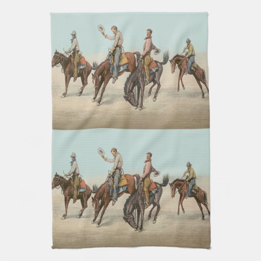  Western 4 cowboys op Bucking Horses Theedoek (Verticaal)