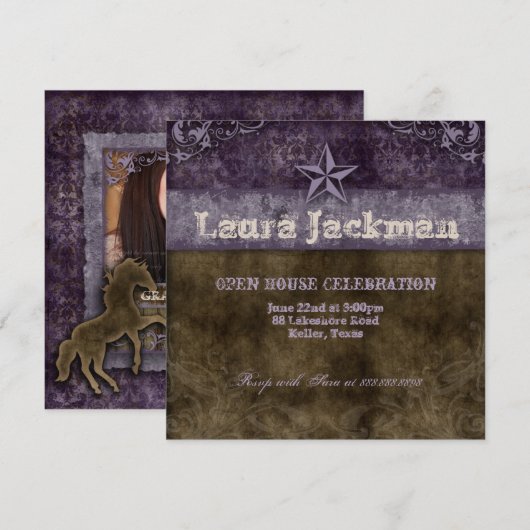 Western  Afstudeerder Fotokaart Damask Horse Paars Kaart (Voorkant / Achterkant)