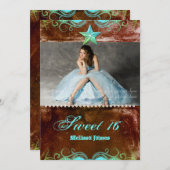 Western Afstudeerder Invitation Blue Brown Star Kaart (Voorkant / Achterkant)