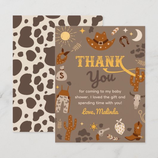 Western Baby shower Hartelijk dank | Cowboy Shower Bedankkaart (Voorkant / Achterkant)