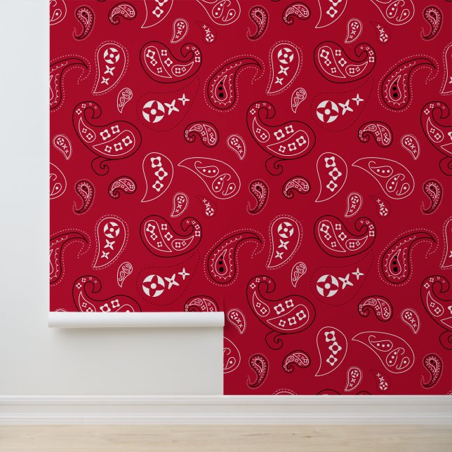 Western Bandana Paisley Pattern Bright Red Behang (Applicatie)