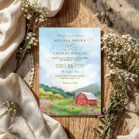 Western Barn Rustic Countryside QR Code Wedding Kaart