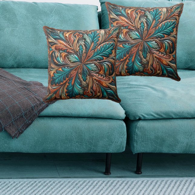 Western bewerkte lederen print turquoise koper kussen (Western Tooled Leather Print Turquoise Copper Throw Pillow)