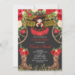 Western Black en Red Rose Mis Quince Invitation Kaart