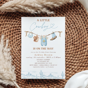 Western Blauw Bruin Clothesline Cowboy Baby shower Kaart