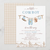 Western Blauw Bruin Clothesline Cowboy Baby shower Kaart (Voorkant / Achterkant)