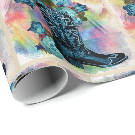 Western blauw cowboylaars met Rozen op waterkleur Cadeaupapier (Rol Hoek)