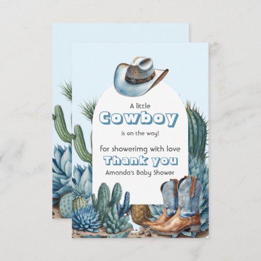 Western Blauw Klein Cowboy Rodeo Boy Baby shower Bedankkaart (Voorkant / Achterkant)