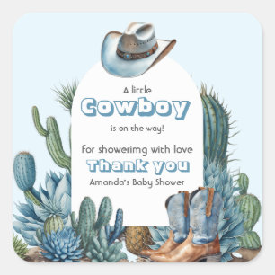 Western Blauw Klein Cowboy Rodeo Boy Baby shower Vierkante Sticker
