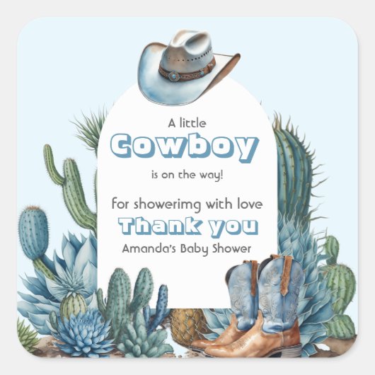 Western Blauw Klein Cowboy Rodeo Boy Baby shower Vierkante Sticker (Voorkant)