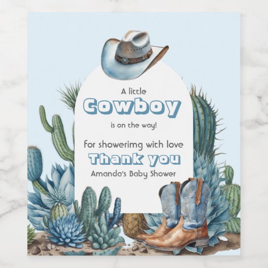 Western Blauw Klein Cowboy Rodeo Boy Baby shower Wijn Etiket (Enkel label)