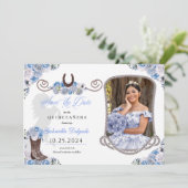 Western blauw quinceañera bewaar de datum foto kaart (Staand voorkant)