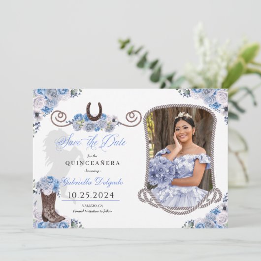 Western blauw quinceañera bewaar de datum foto kaart (Staand voorkant)
