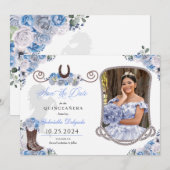 Western blauw quinceañera bewaar de datum foto kaart (Voorkant / Achterkant)