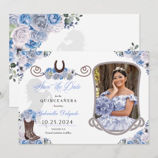 Western blauw quinceañera bewaar de datum foto kaart (Voorkant / Achterkant)