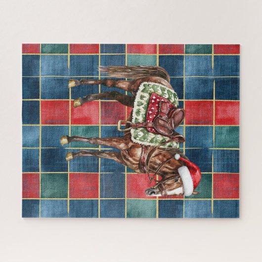 Western Blauw Rood Cowboy Cowgirl Paard Kerst Legpuzzel (Horizontaal)