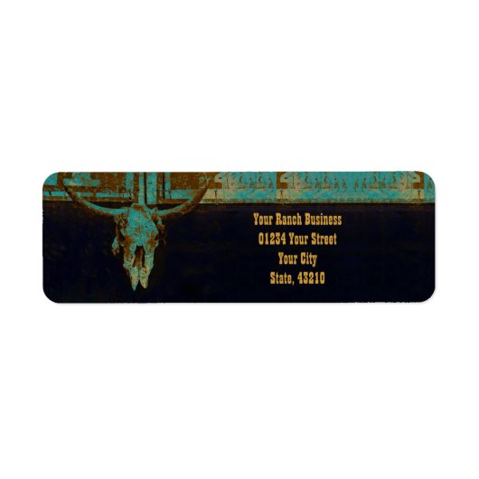 Western Blauwgroen bruin goud Roestend Bull Skull Etiket (Voorkant)