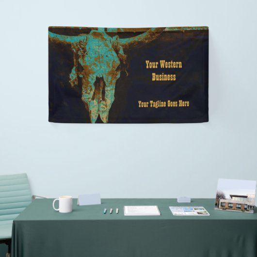 Western Blauwgroen bruin goud Roestend Bull Skull Spandoek (Beurs)