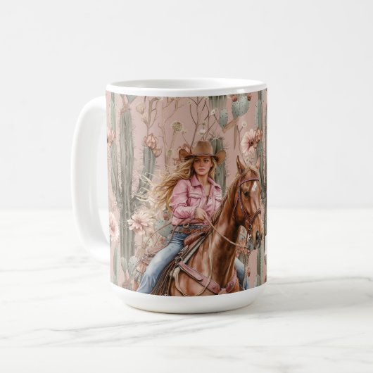 Western Blond Cowgirl Roze Cactus Bloemen Koffiemok (Voorkant links)
