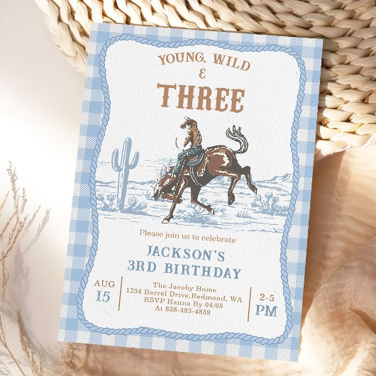 Western Blue Boys Rodeo 3rd Birthday Invitation  Kaart