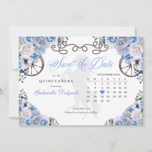 Western Blue Charro Quinceañera Save The Date Kaart (Voorkant)