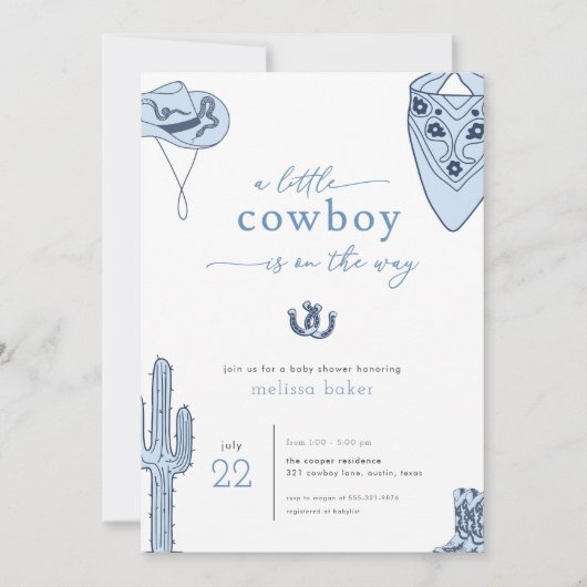 Western Blue Cowboy Baby shower Invitation Kaart (Voorkant)