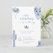 Western Blue Cowboy Baby shower Invitation Kaart (Staand voorkant)