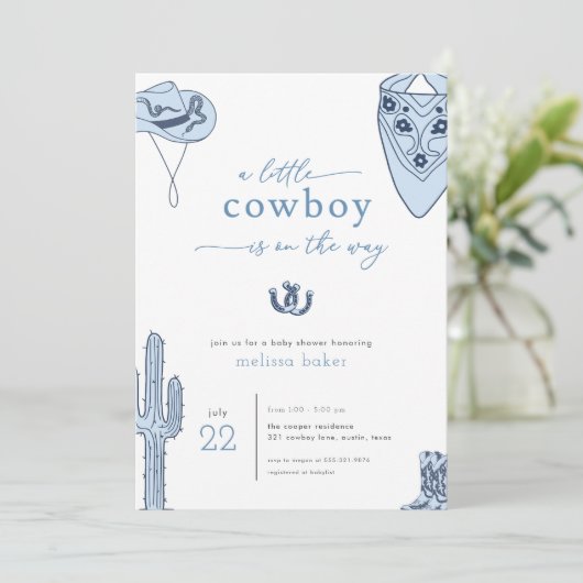 Western Blue Cowboy Baby shower Invitation Kaart (Staand voorkant)