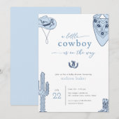 Western Blue Cowboy Baby shower Invitation Kaart (Voorkant / Achterkant)