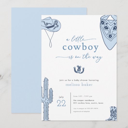 Western Blue Cowboy Baby shower Invitation Kaart (Voorkant / Achterkant)