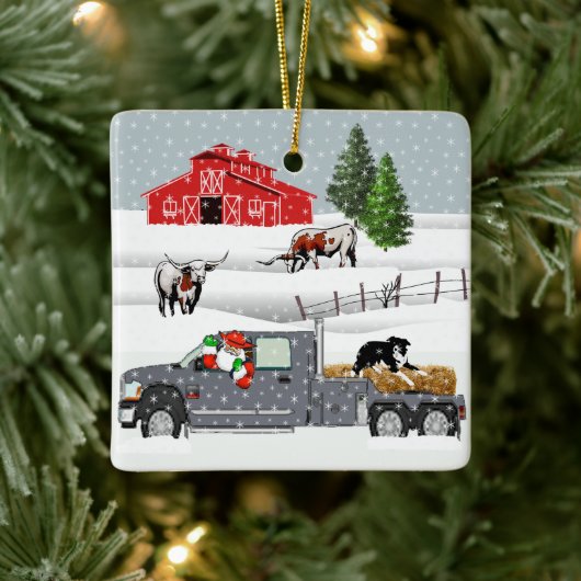 Western Boerderij Ranch Santa Cattle and Dog Keramisch Ornament (Boom)