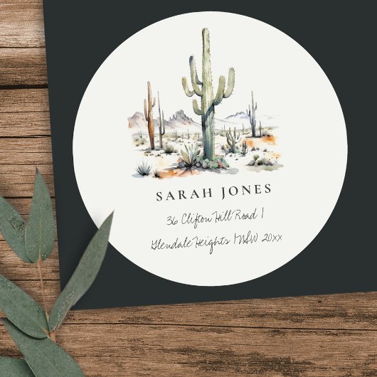Western Boho Cactus Desert Landscape Adres Ronde Sticker
