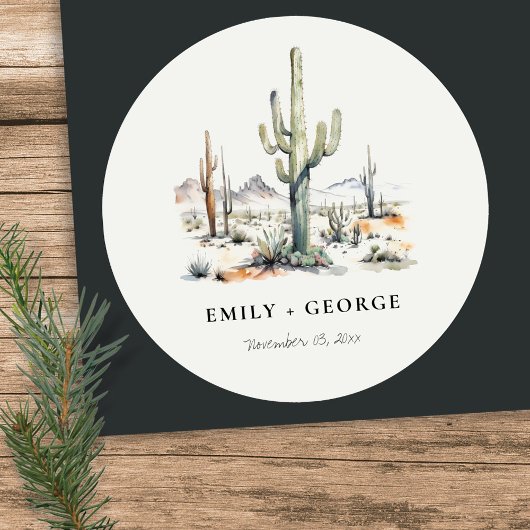 Western Boho Cactus Desert Landscape Bruiloft Ronde Sticker