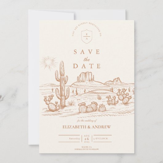 Western Boho Cactus Desert Landscape Bruiloft Save The Date (Voorkant)