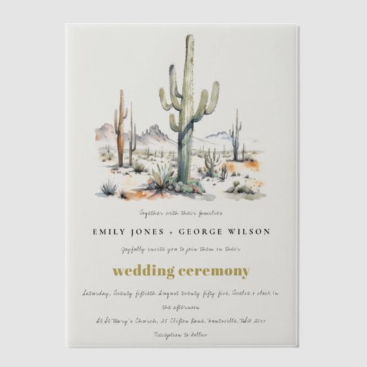 Western Boho Cactus Desert Landscape Bruiloft Vellum Uitnodigingen (Voorkant)