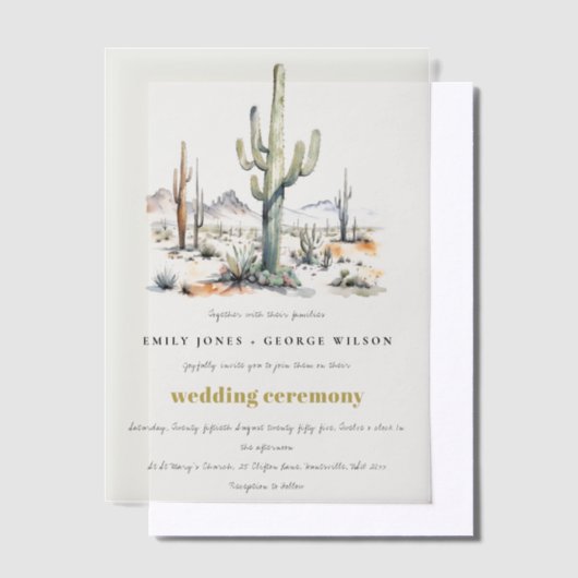 Western Boho Cactus Desert Landscape Bruiloft Vellum Uitnodigingen (Offset)