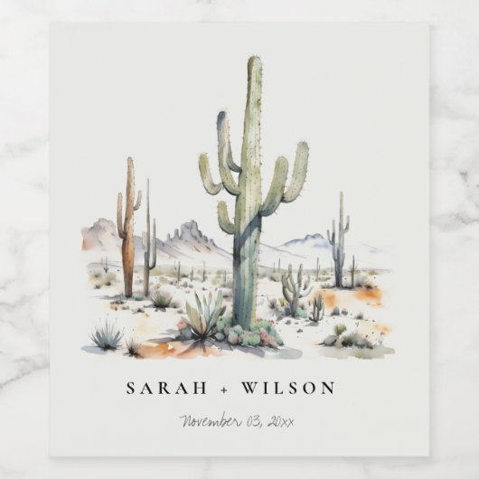 Western Boho Cactus Desert Landscape Bruiloft Wijn Etiket (Enkel label)
