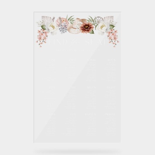 Western Boho Floral 12 Tafel Bruiloft Zitkaarten Acryl Bord (Voorkant)