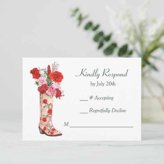Western Boot Red Roses Bruiloft RSVP (Staand voorkant)