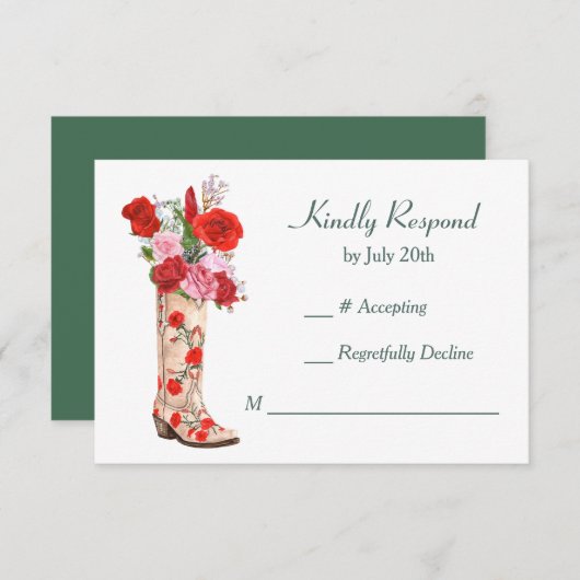 Western Boot Red Roses Bruiloft RSVP (Voorkant / Achterkant)